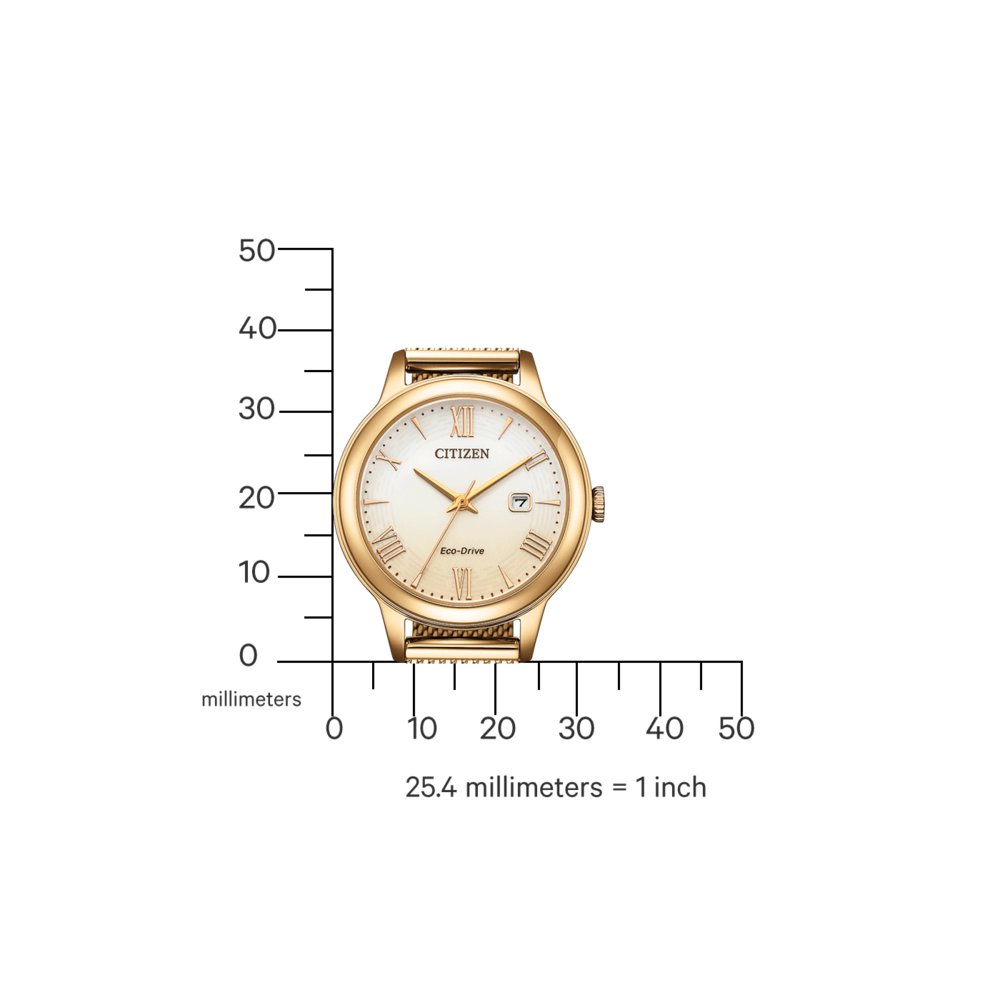 Kultainen Citizen-kello roomalaisilla numeroilla, päivämääränäytöllä ja Eco-Drive-tekniikalla.