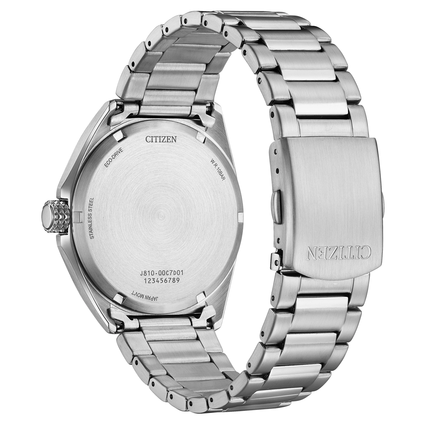 Citizen-kellon takaosa, ruostumaton teräs, Eco-Drive, Japanin liike, W.R. 10BAR, J810-00C7D1
