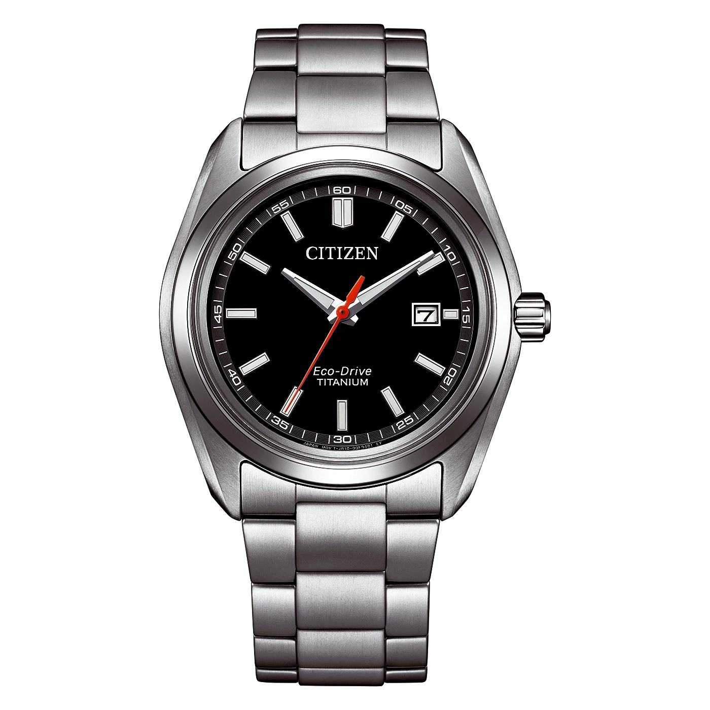 Citizen Eco-Drive Titanium -kello, jossa musta kellotaulu ja hopeanvärinen ranneke.