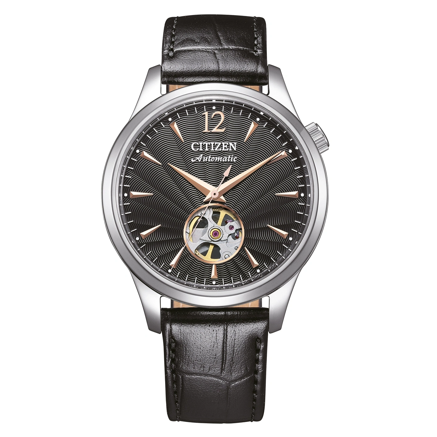 Citizen Automatic -kello, jossa musta nahkaranneke ja avoin sydän.