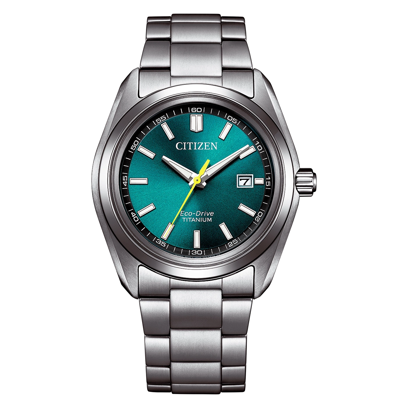 Citizen Eco-Drive Titanium -kello, jossa vihreä kellotaulu ja metalliranneke.