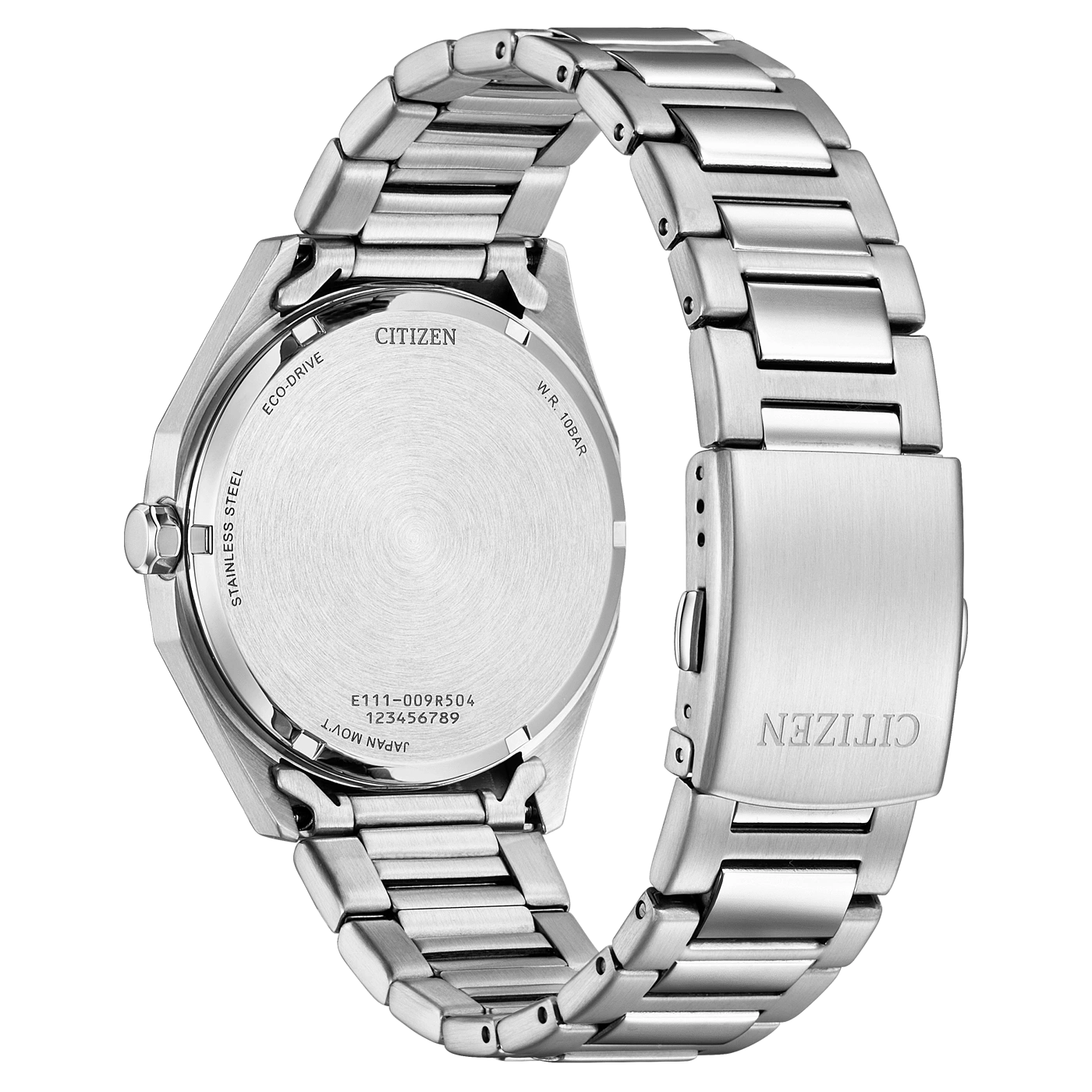 Citizen-kellon takaosa, ruostumaton teräs, Eco-Drive, W.R. 10BAR, Japan Movt, E111-009R504