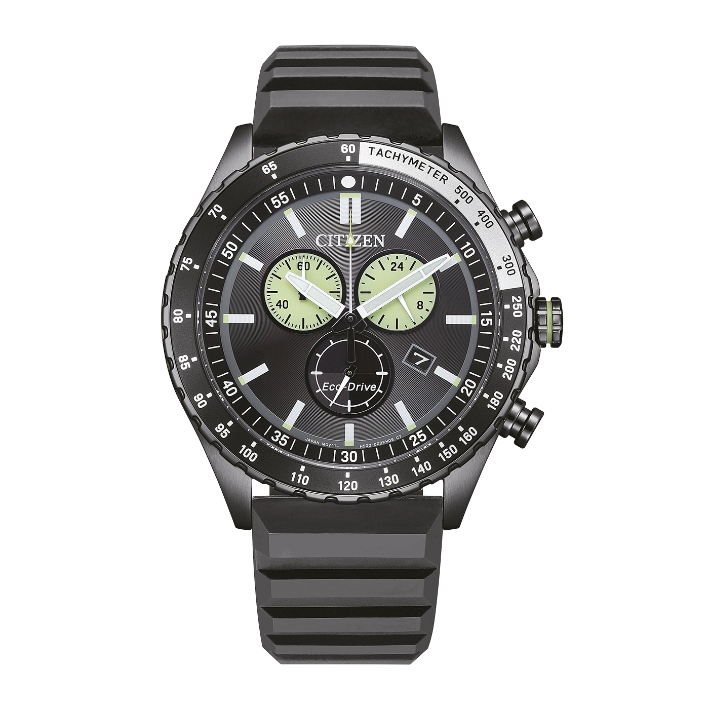 Musta Citizen Eco-Drive-kello, jossa takymetrikehä ja vihreitä yksityiskohtia.