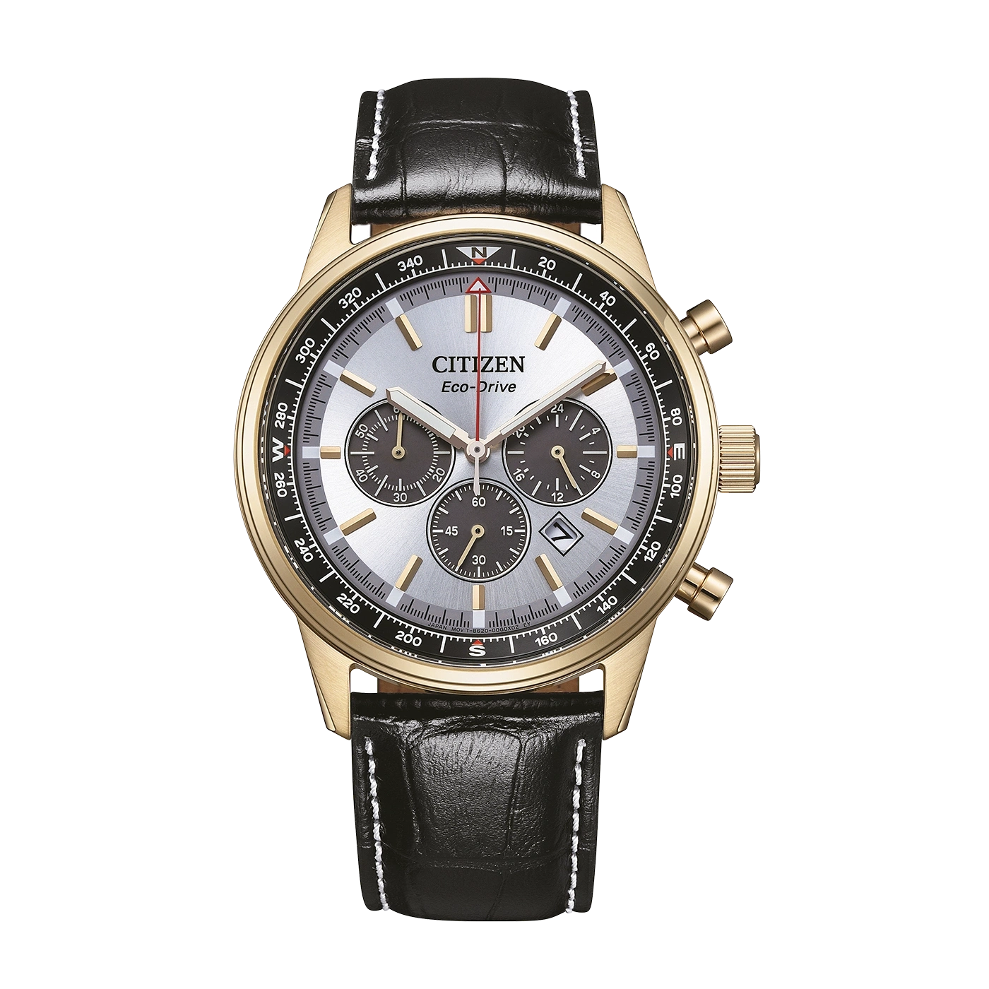 Kultainen Citizen Eco-Drive kello mustalla nahkarannekkeella.