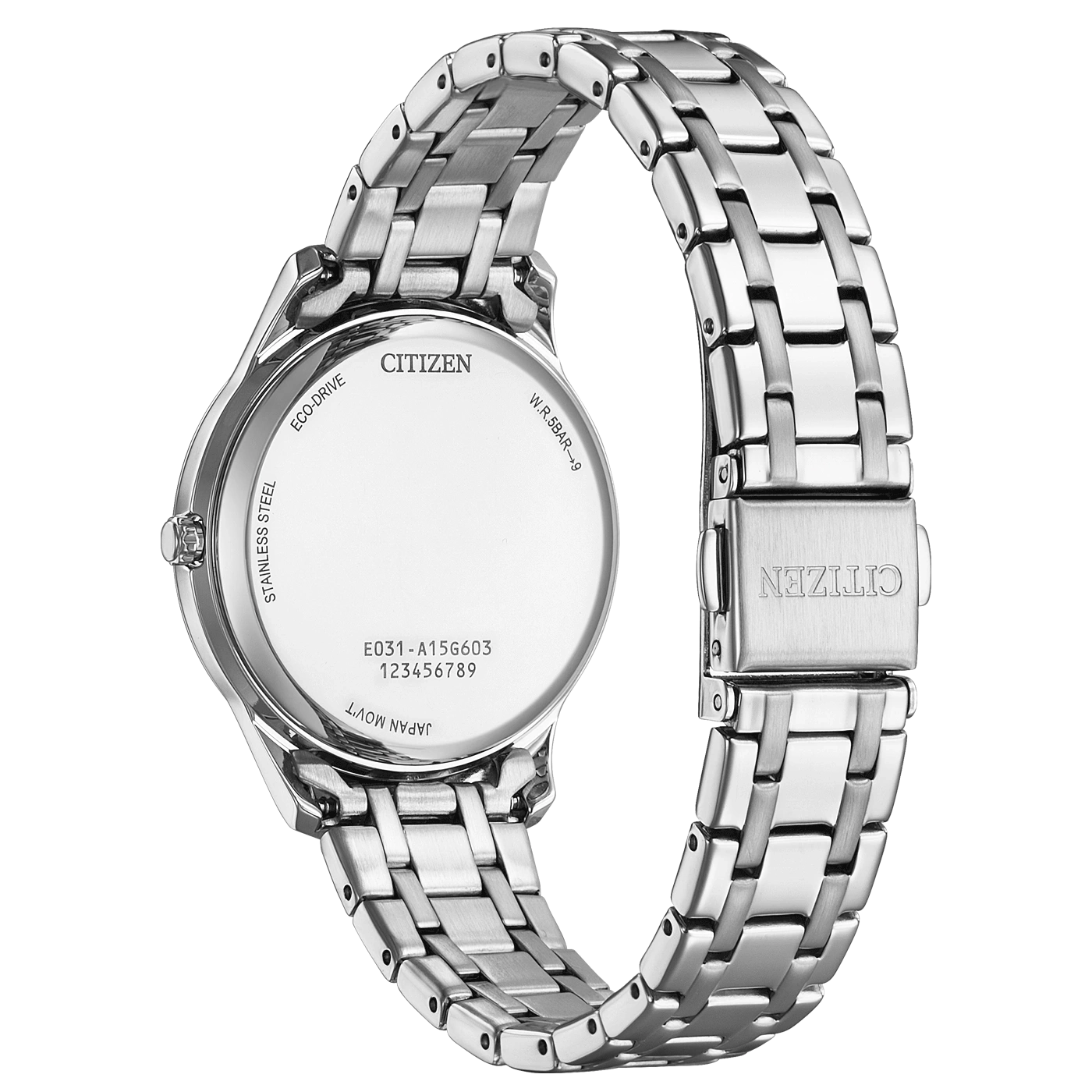 Citizen-kellon takaosa, ruostumaton teräs, Eco-Drive, Japanin koneisto, W.R.5BAR