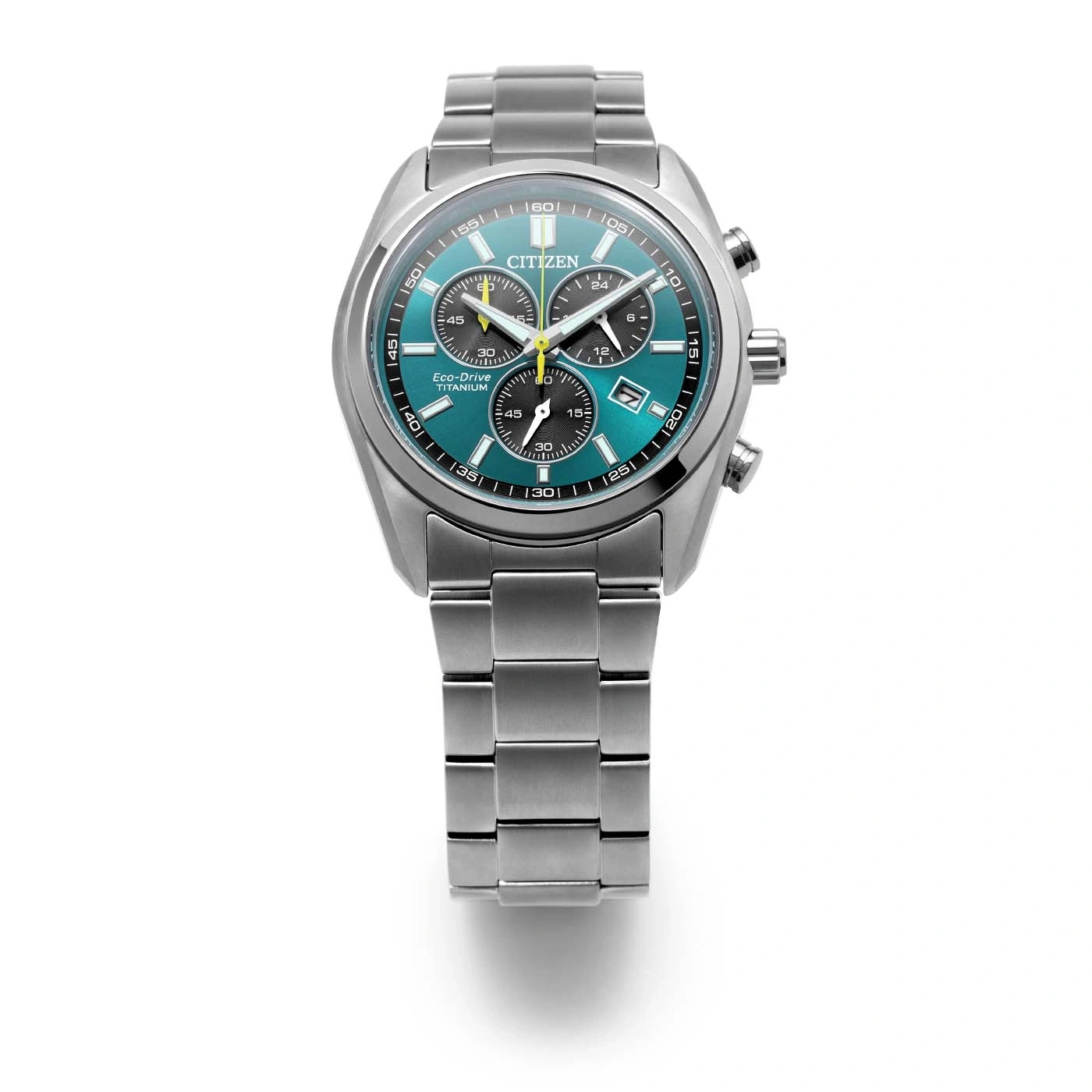 Citizen Eco-Drive Titanium kronografikello turkoosilla kellotaululla.