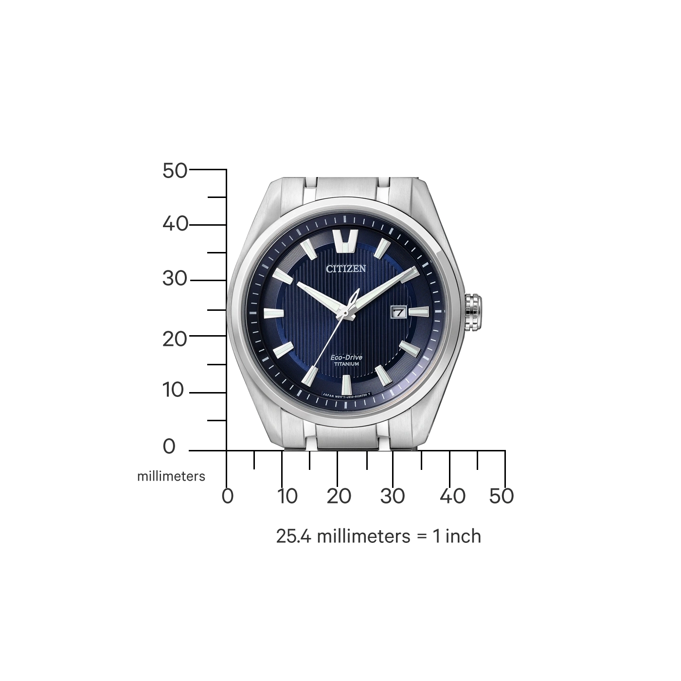 Citizen-kello, jossa sininen kellotaulu, titaani, Eco-Drive ja millimetriasteikko.