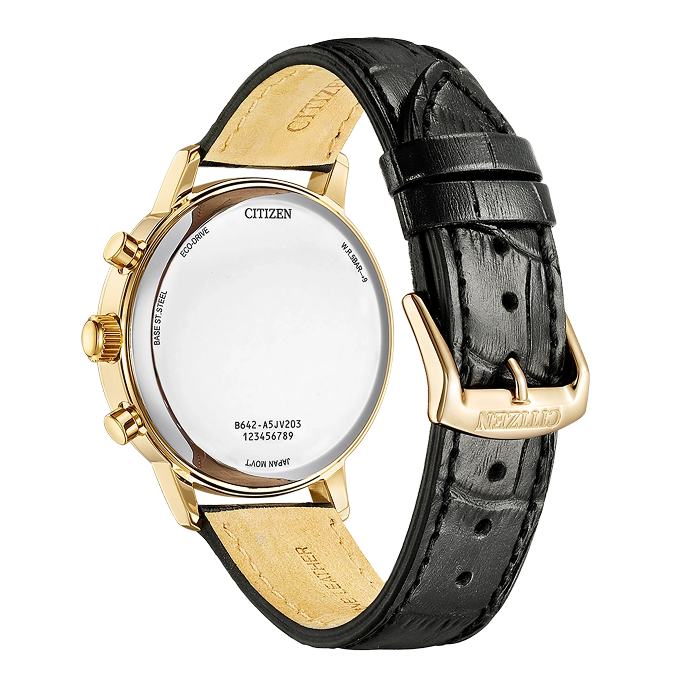 Citizen-kello, kultainen kotelo, musta nahkaranneke, Eco-Drive, Japanin koneisto, W.R.5BAR+9