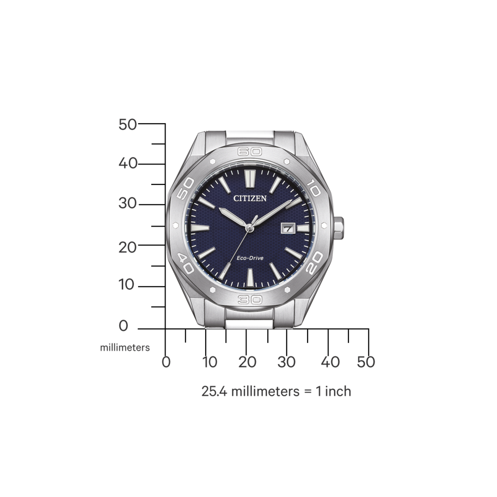 Citizen-kello, jossa sininen kellotaulu, hopeinen kehys ja Eco-Drive-tekniikka. Näyttää ajan.
