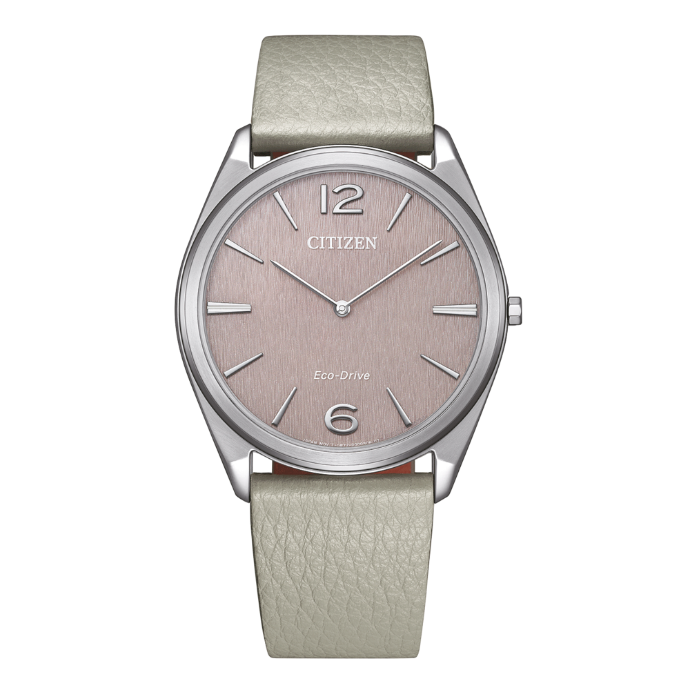 Citizen-kello, jossa on vaaleanharmaa nahkahihna ja vaaleanpunainen kellotaulu.