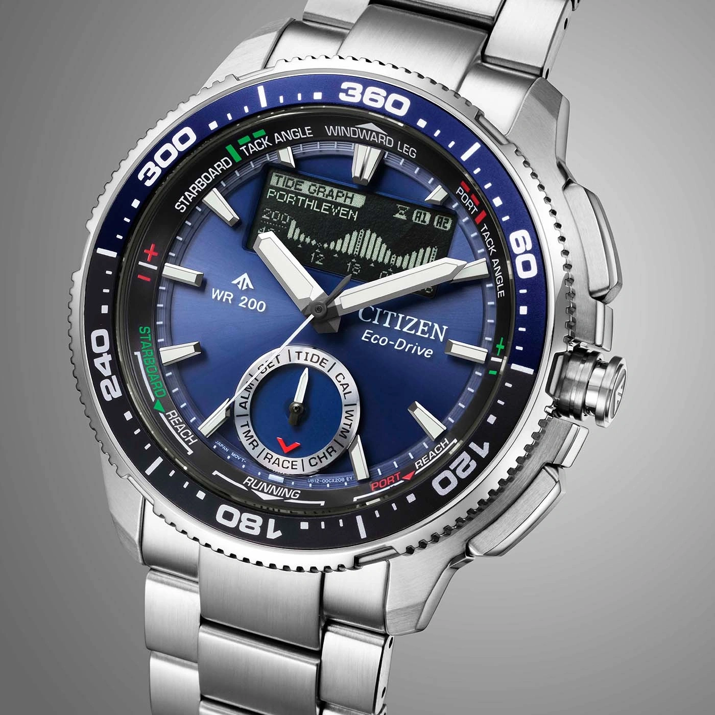 Sininen Citizen Eco-Drive -rannekello teräksisellä rannekkeella ja vuorovesinäytöllä.
