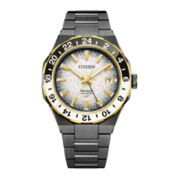 Citizen Series 8 GMT -kello mustilla ja kultaisilla yksityiskohdilla, valkoinen kellotaulu.