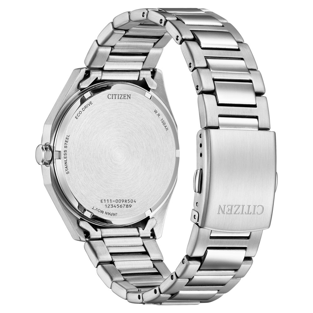 Citizen-kellon takaosa, ruostumaton teräs, Eco-Drive, Japanin liike, W.R. 10BAR