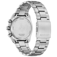 Harjatun hopeanvärisen Citizen Eco-Drive-kellon takaosa tekstillä.