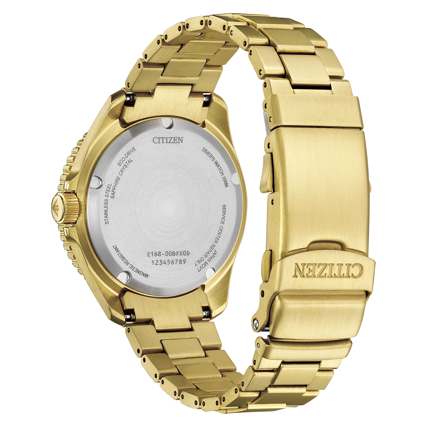 Kultainen Citizen Eco-Drive sukeltajankello takakansi ja ranneke