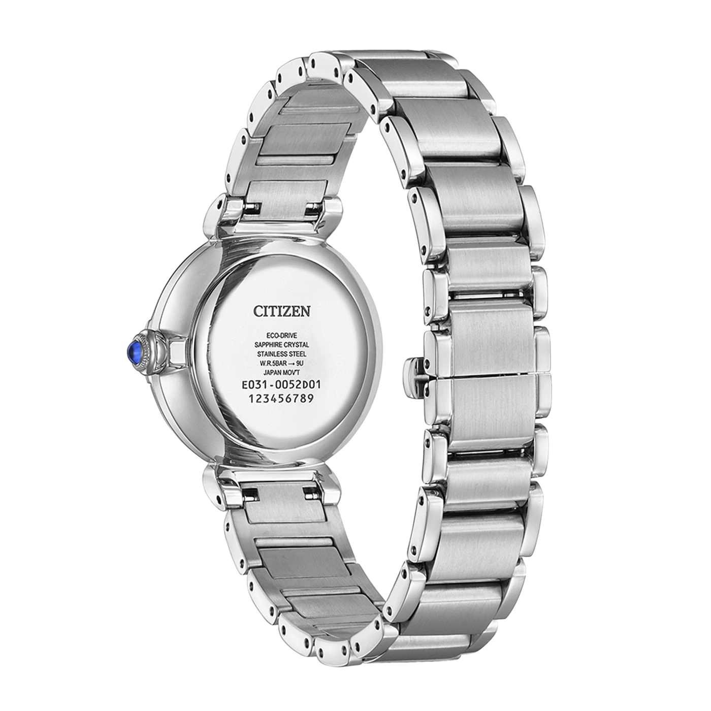 Hopeisen Citizen Eco-Drive -kellon takanäkymä, jossa on sininen jalokivi sivulla.