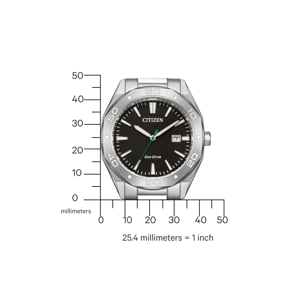 Citizen-kello, jossa musta kellotaulu, hopeinen kehys ja päivämääränäyttö. Eco-Drive-tekniikka.