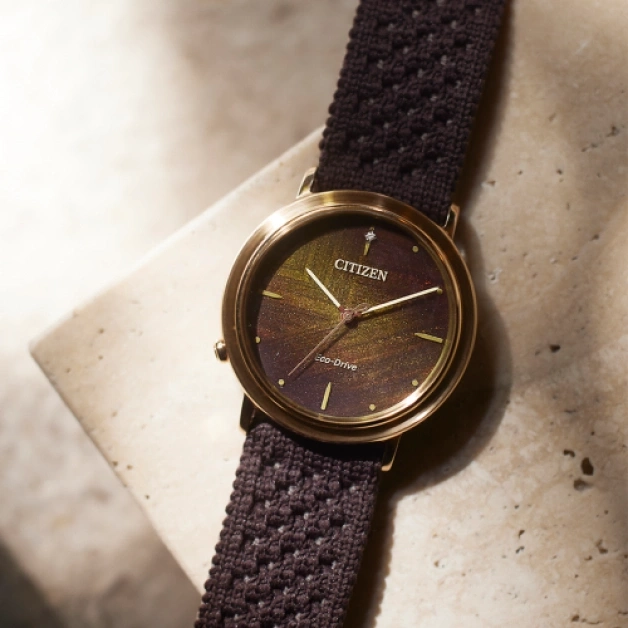 Citizen-kello ruskealla rannekkeella ja kultaisella kellotaululla, Eco-Drive.