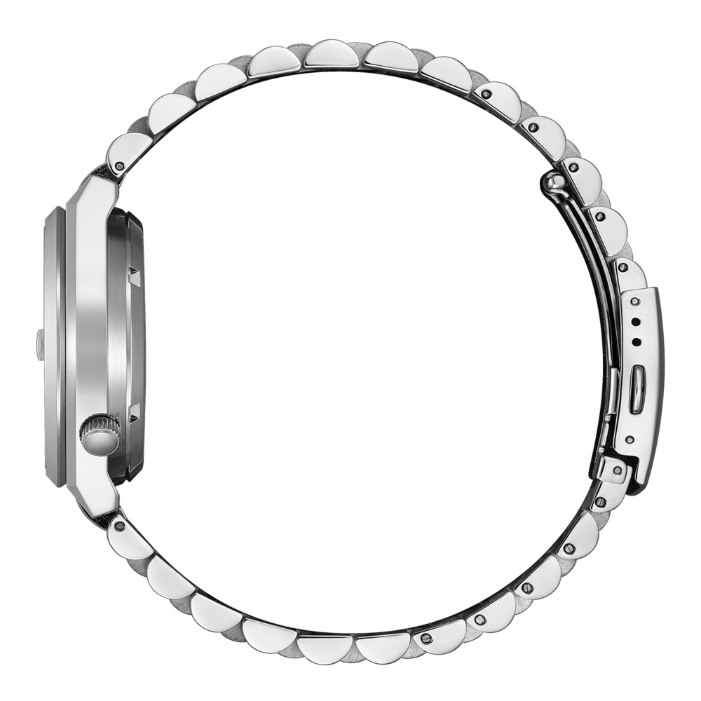 Hopeinen kello metallirannekkeella, sivukuva, tyylikäs muotoilu, kiiltävä