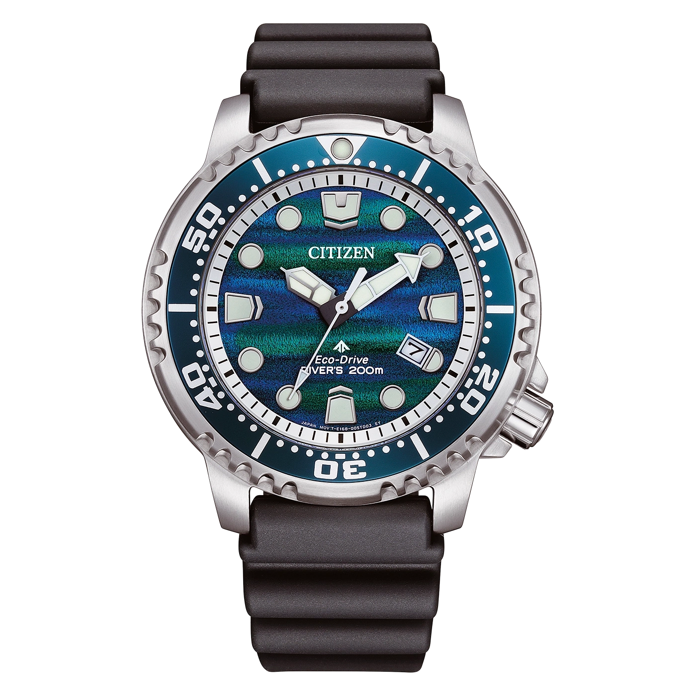 Citizen Eco-Drive -sukellusrannekello, jossa sinivihreä kellotaulu ja musta ranneke.