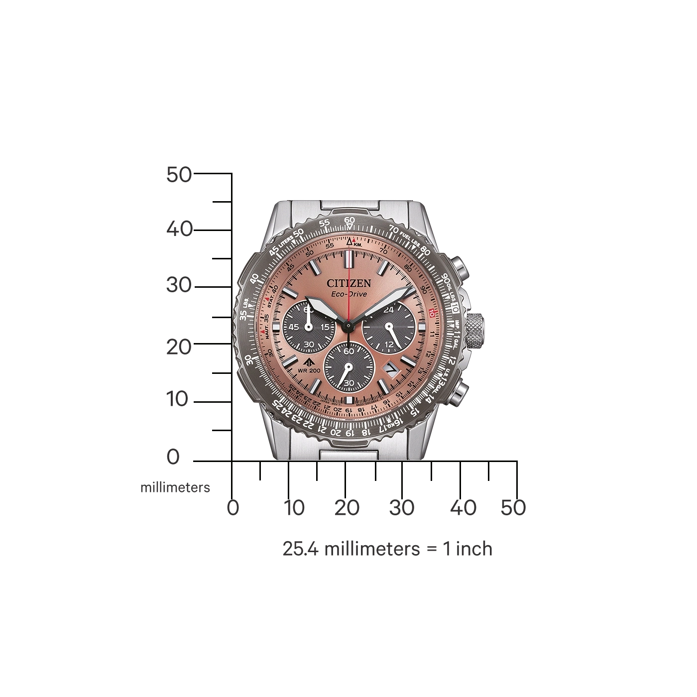Citizen Eco-Drive -kello, jossa on ruusukullanvärinen kellotaulu ja hopeinen ranneke, asteikolla.