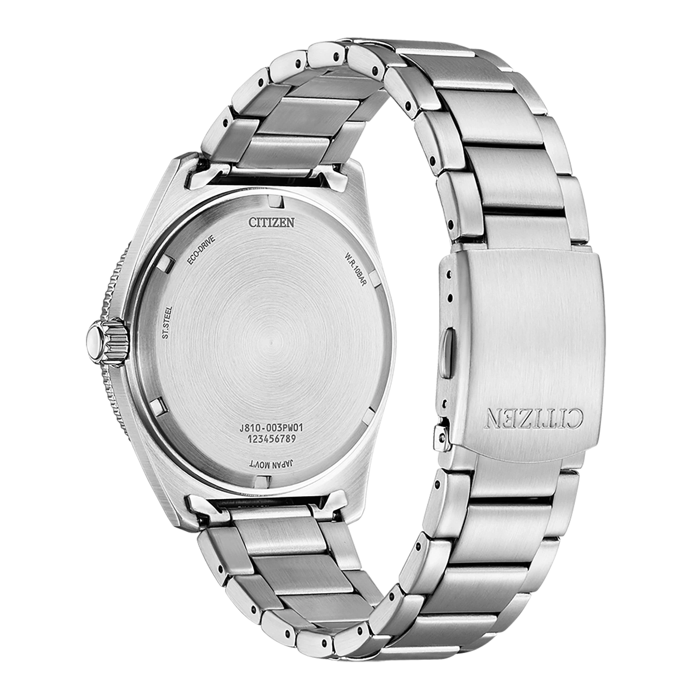 Citizen-kellon takaosa, ruostumaton teräs, Eco-Drive, W.R. 10bar, Japan Movt.
