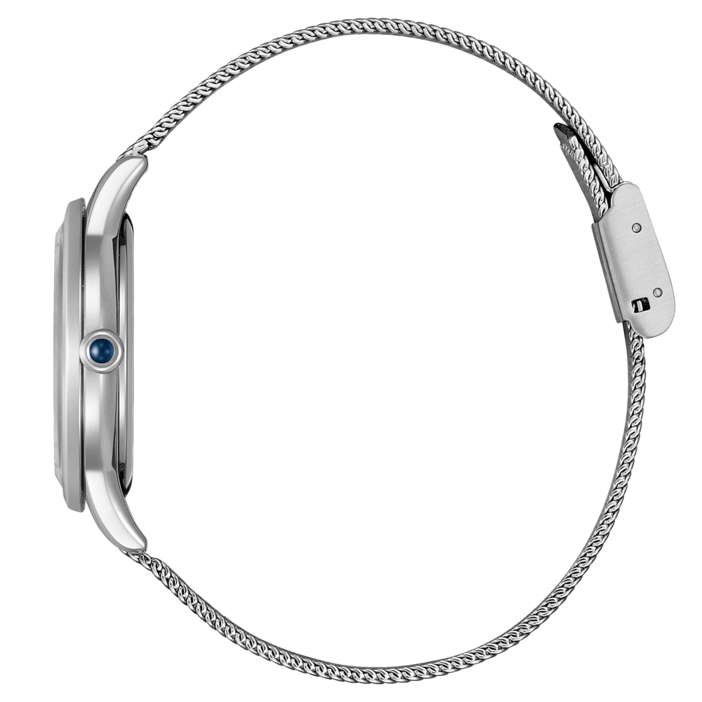 Hopeinen kello, jossa verkkohihna, sivukuva, tyylikäs muotoilu, moderni tyyli.