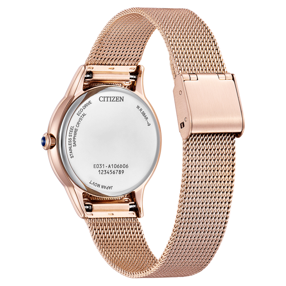 Ruusukultainen Citizen-kello, ruostumaton teräs, safiirikristalli, Eco-Drive, verkkovyö.