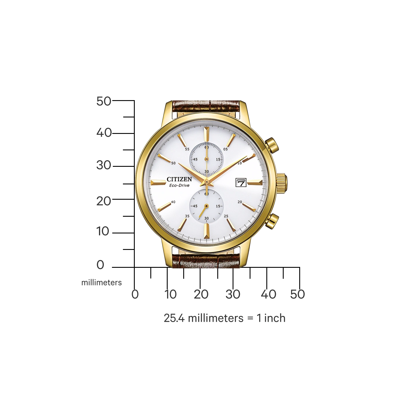 Kultainen Citizen Eco-Drive -kello, jossa valkoinen kellotaulu ja ruskea nahkaranneke.