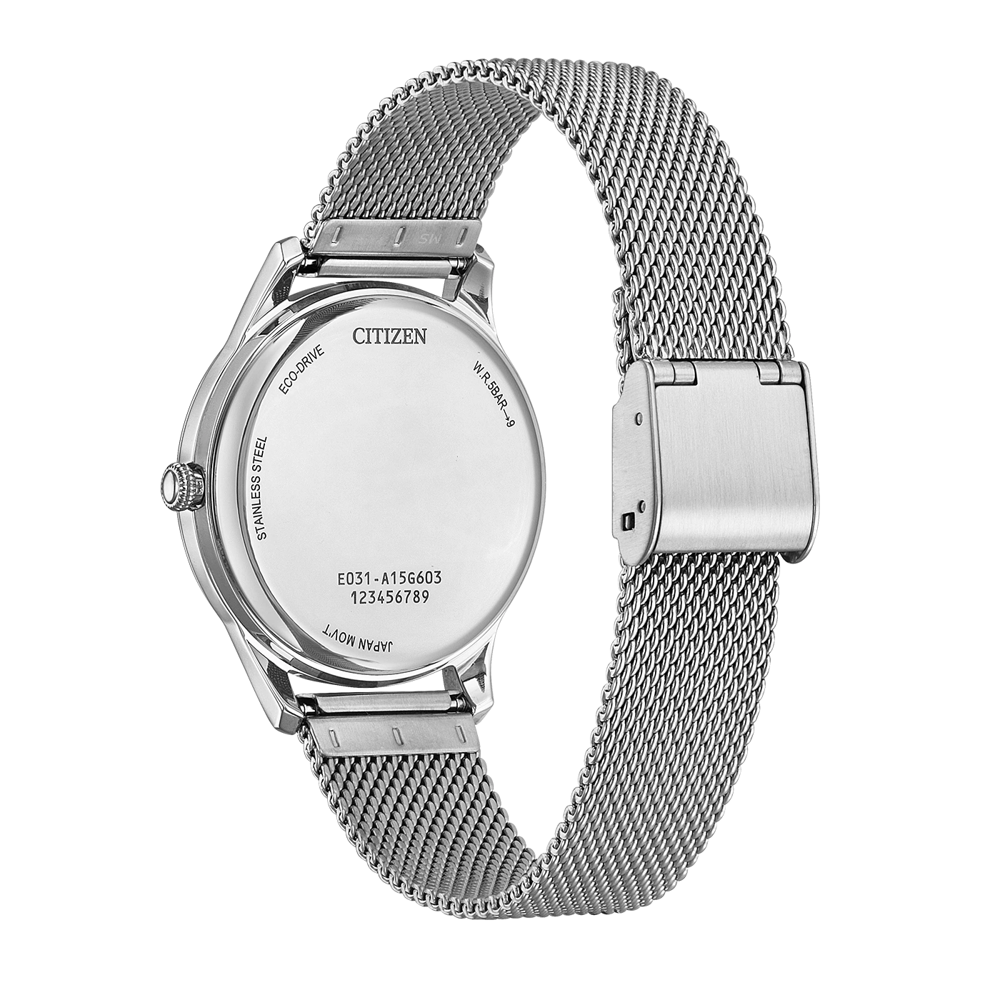 Hopeisen Citizen Eco-Drive -kellon takaosa verkkorannekkeella.