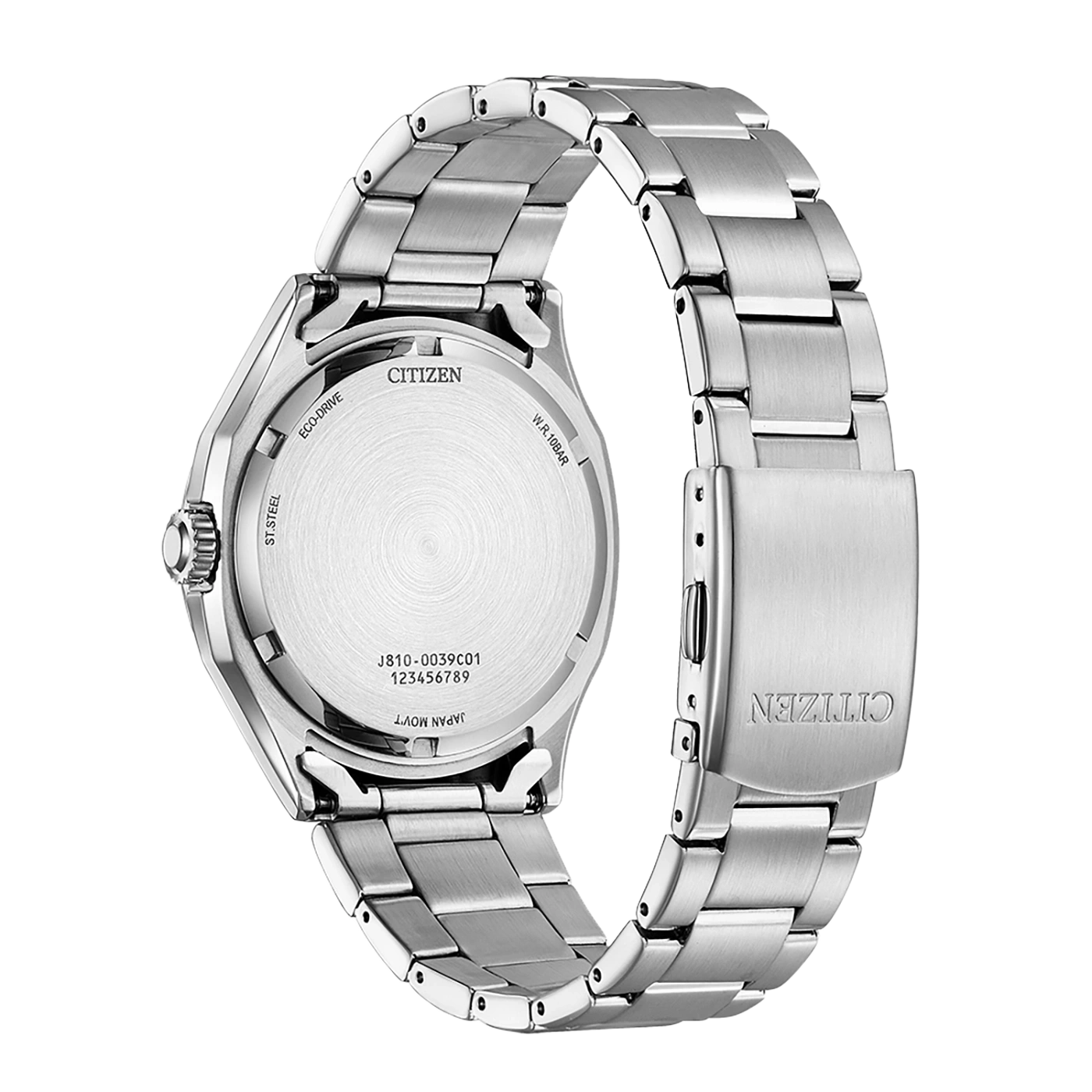 Citizen-kellon takaosa, ruostumaton teräs, Eco-Drive, W.R.10BAR, Japan Movt, J810-0039C01