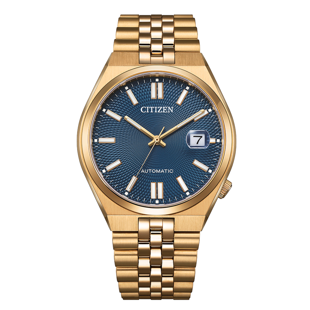 Kultainen Citizen-kello, jossa sininen kellotaulu ja päivämääränäyttö, automaattinen liike.
