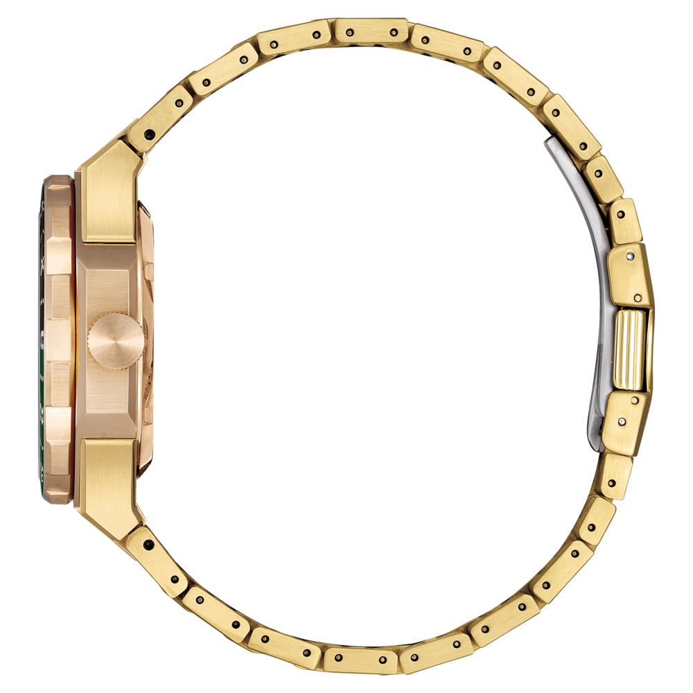 Kultainen kellon sivukuva, pyöreä muoto, metalliranneke, ylellinen asuste, tyylikäs muotoilu