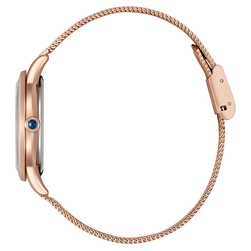 Ruusukultainen rannekello, jossa verkkohihna, sivukuva, tyylikäs muotoilu.