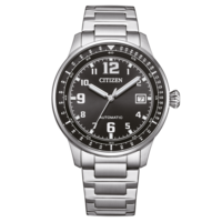 Citizen-kello, jossa musta kellotaulu, hopeinen ranneke ja automaattinen koneisto.