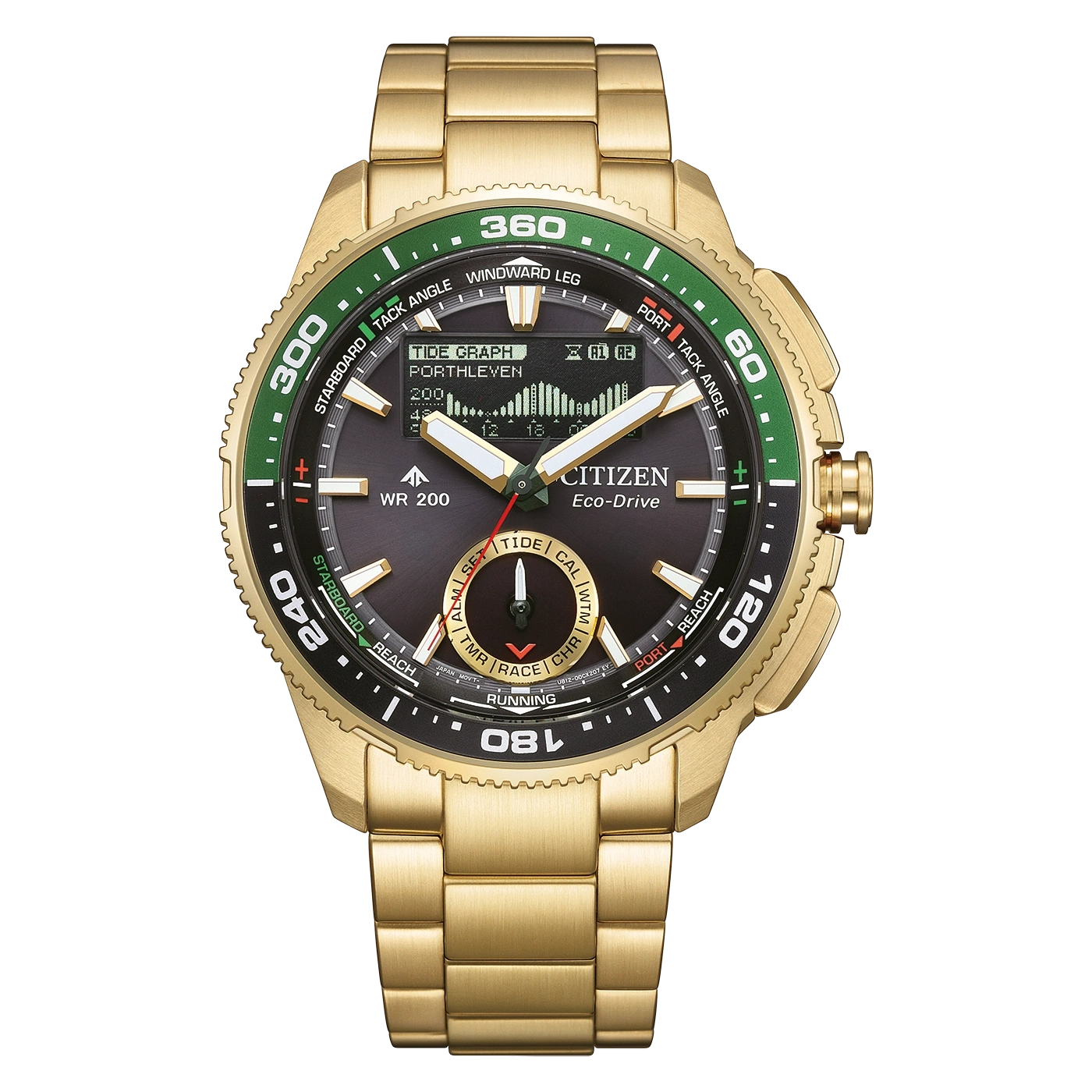 Kultainen Citizen Eco-Drive -rannekello, jossa on musta kellotaulu ja vihreitä yksityiskohtia.