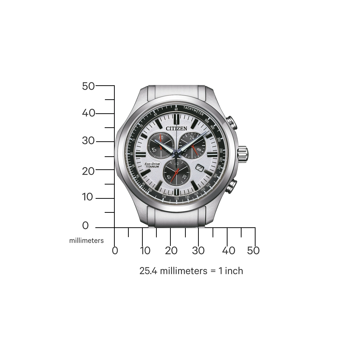 Citizen-kello, jossa takymetri, Eco-Drive ja titaaniominaisuudet, mitattuna millimetreissä.