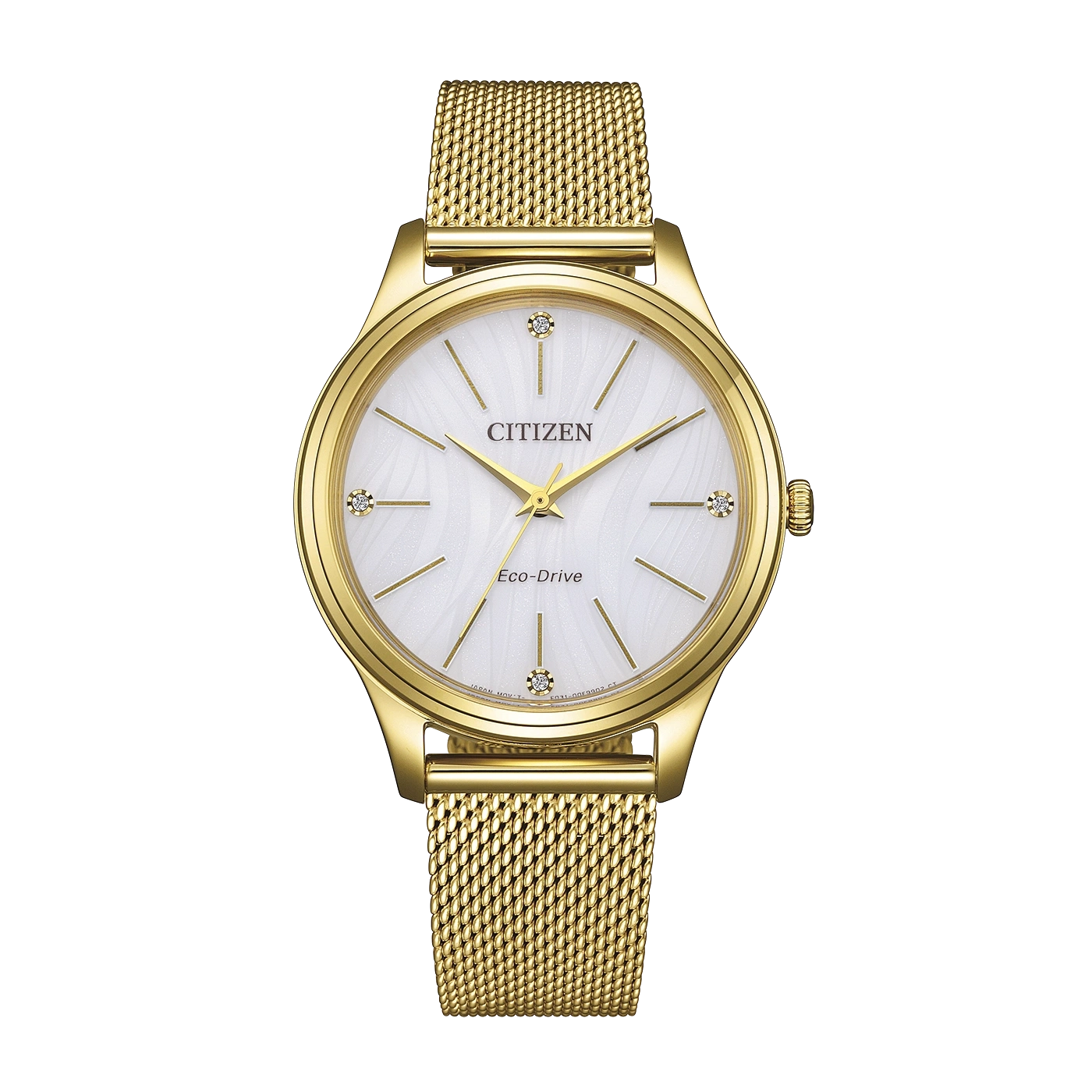 Kultainen Citizen Eco-Drive -kello, jossa valkoinen kellotaulu ja timanttimerkit.