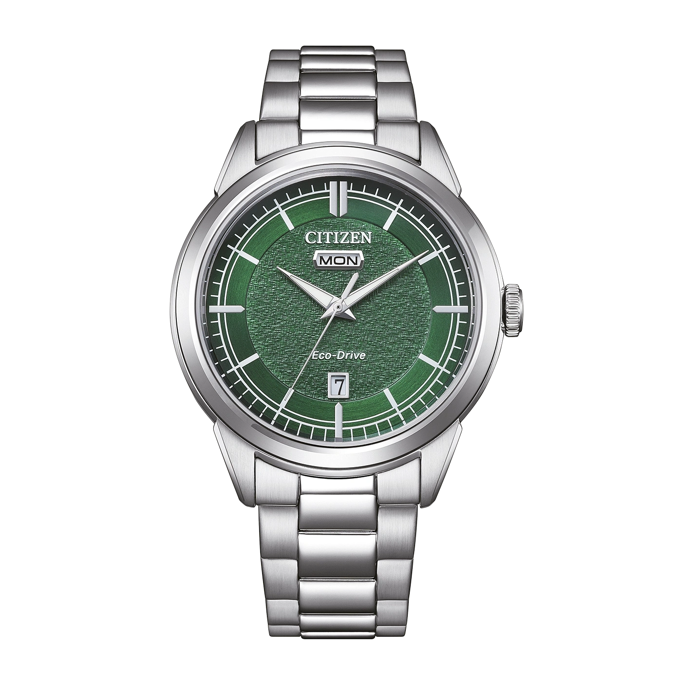 Vihreä Citizen Eco-Drive -kello hopeisella rannekkeella.