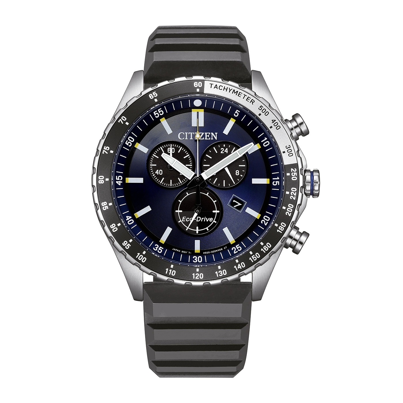 Sininen Citizen Eco-Drive -kello, jossa takymetrikehä ja musta ranneke.