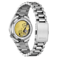 Citizen-kellon takaosa, ruostumaton teräs, safiirikristalli, japanilainen koneisto.