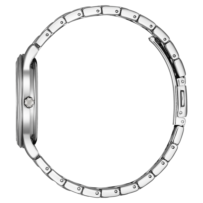 Hopeinen rannekello, jossa metalliranneke ja pyöreä kellotaulu sivusta katsottuna.