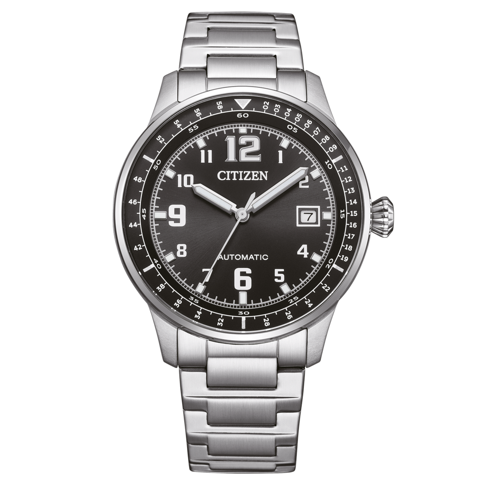 Citizen-kello, jossa musta kellotaulu, hopeinen ranneke ja automaattinen koneisto.