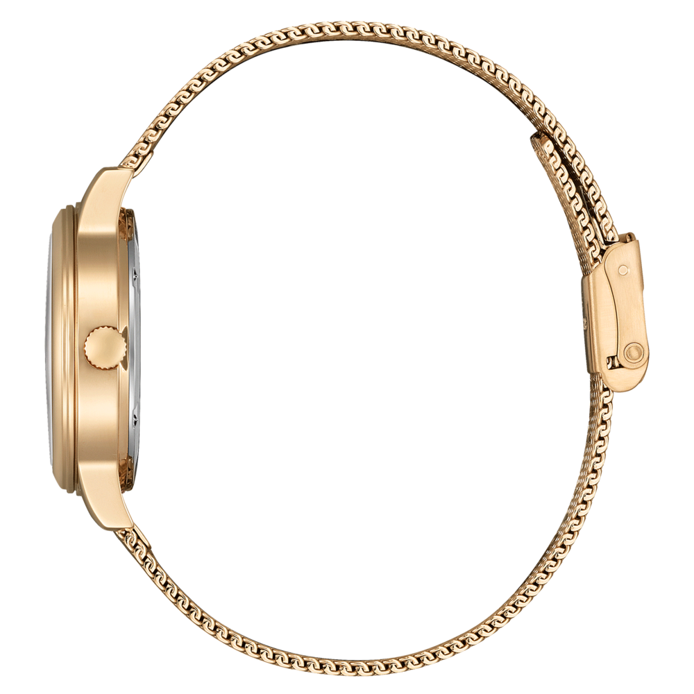 Kultainen rannekello verkkohihnalla, sivukuva, tyylikäs ja elegantti.