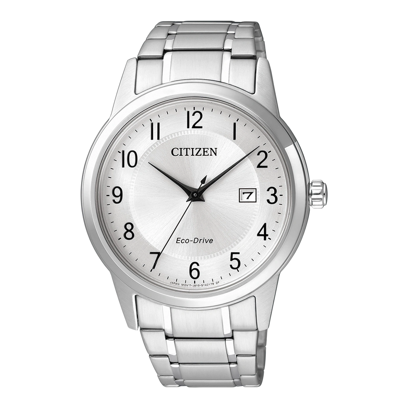 Hopeinen Citizen Eco-Drive -kello, jossa päivämääränäyttö ja ruostumattomasta teräksestä valmistettu ranneke.