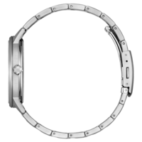Hopeinen kello metallirannekkeella, sivukuva, eristetty valkoisella pohjalla.