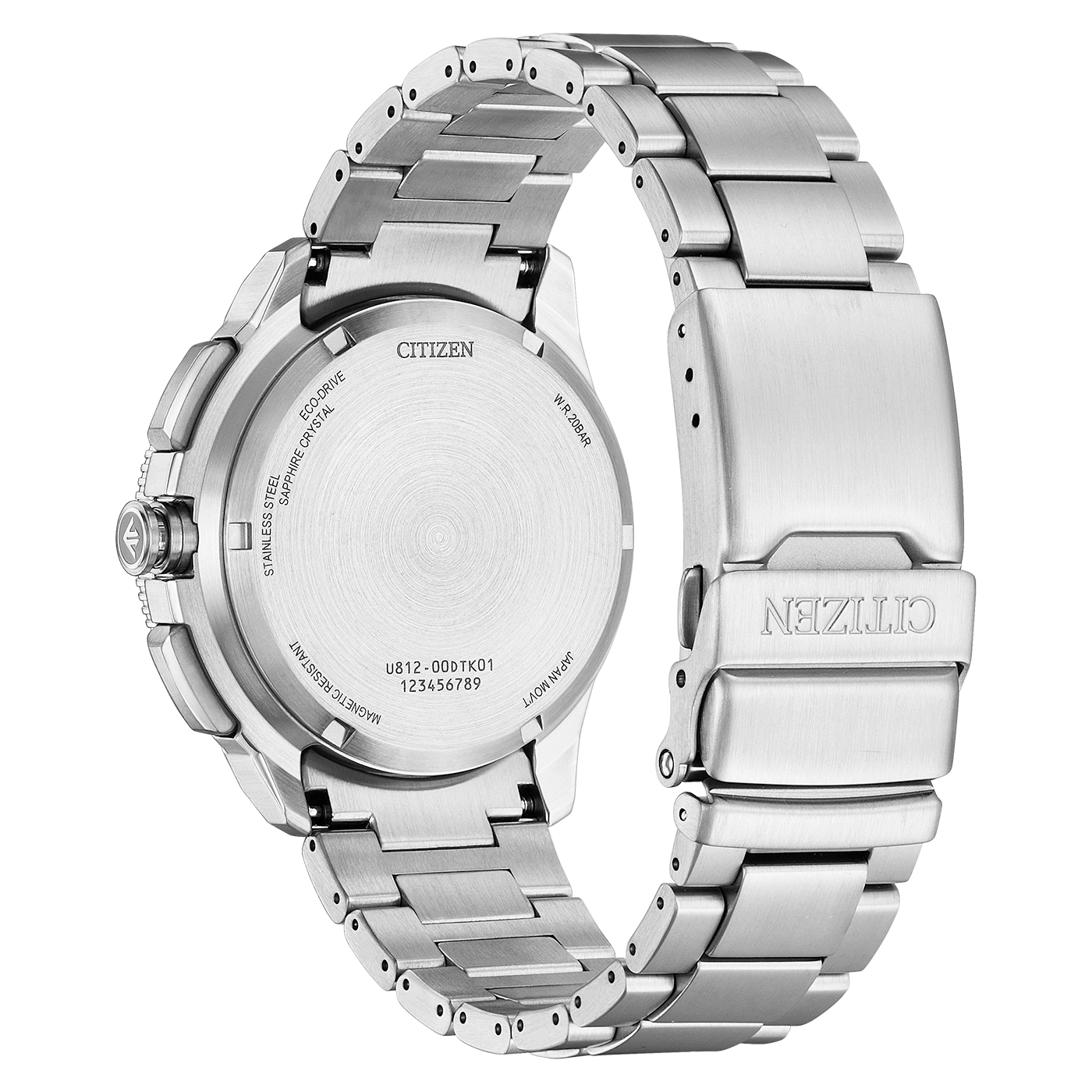 Harjatun ruostumattoman teräksen Citizen Eco-Drive -kellon takapuoli.