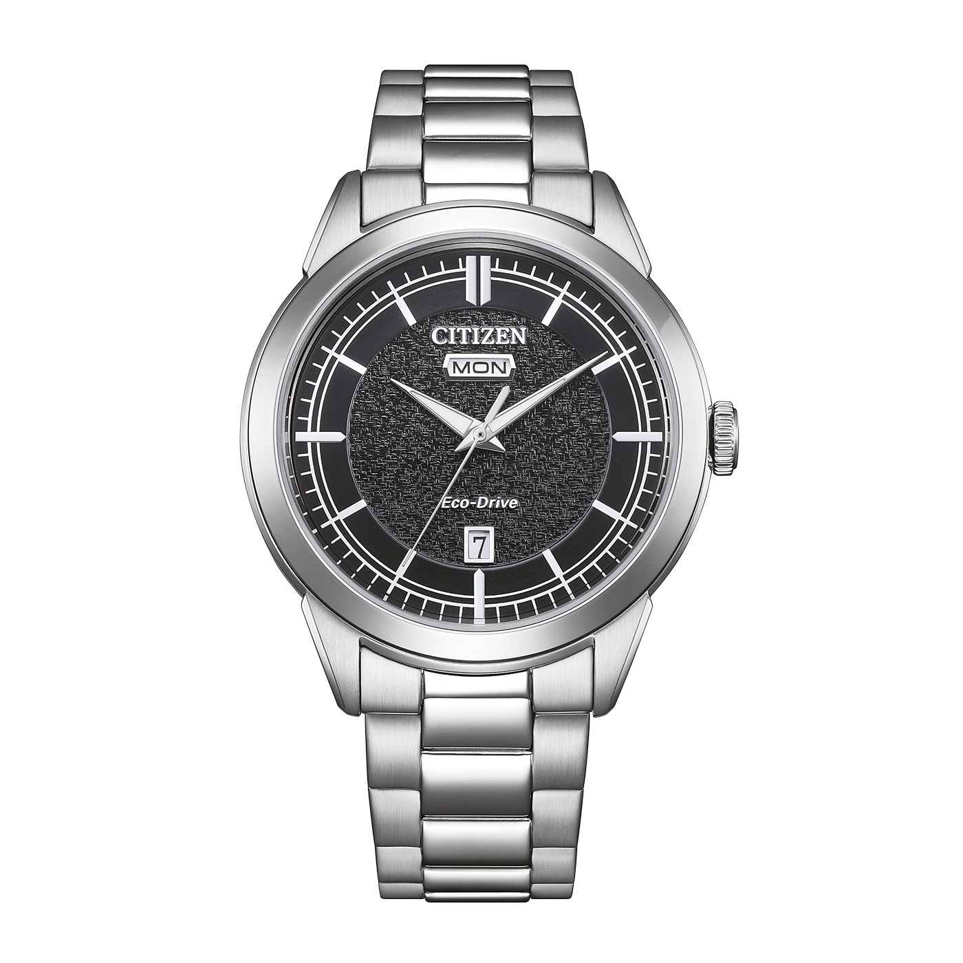 Citizen Eco-Drive -kello, jossa musta teksturoitu kellotaulu ja hopeinen ranneke.