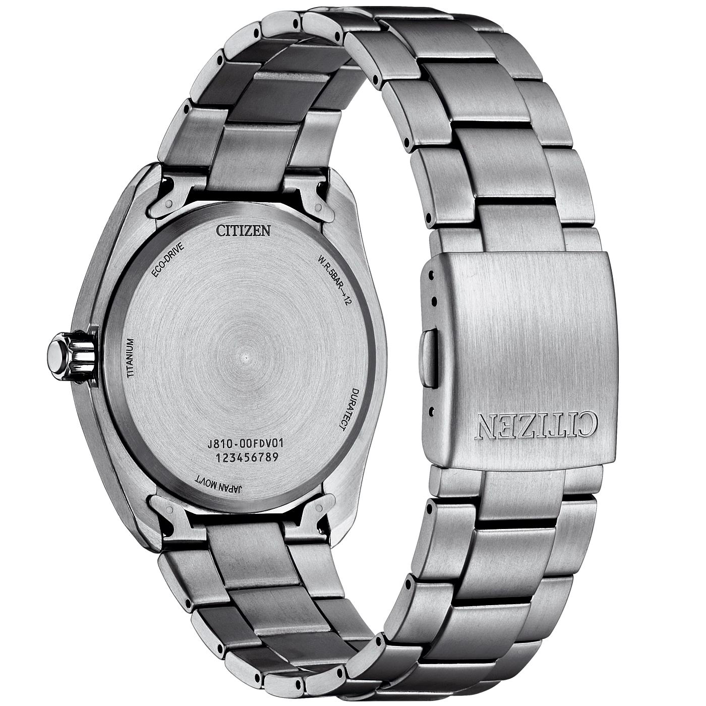 Lähikuva Citizen Eco-Drive titaanirannekellon takaosasta, mallinumero J810-00FDV01.