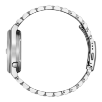 Hopeinen rannekello metallirannekkeella, tyylikäs muotoilu sivusta katsottuna.